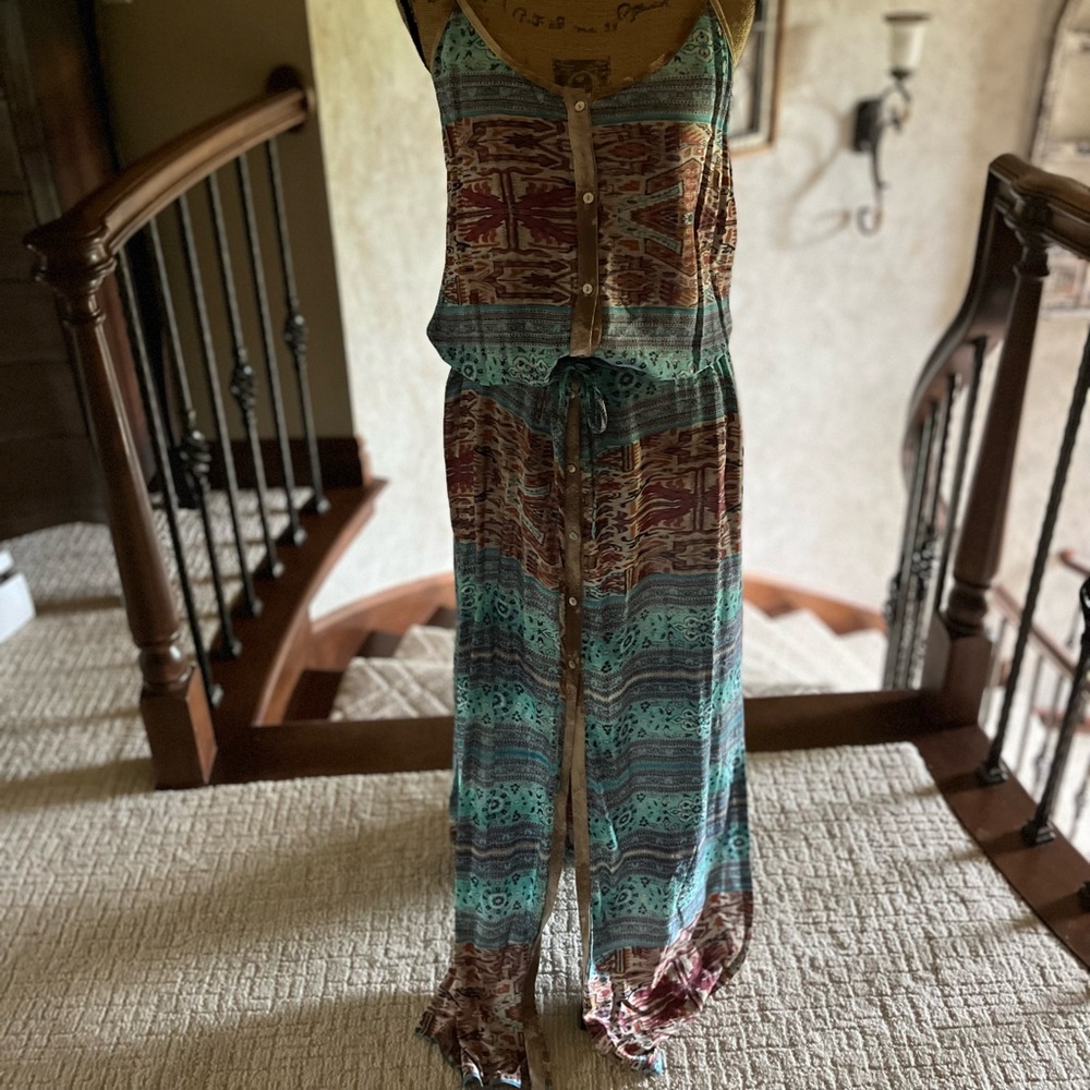SW3 Aztec print maxi dress with suede detail straps. Drawstring waist, buttom up